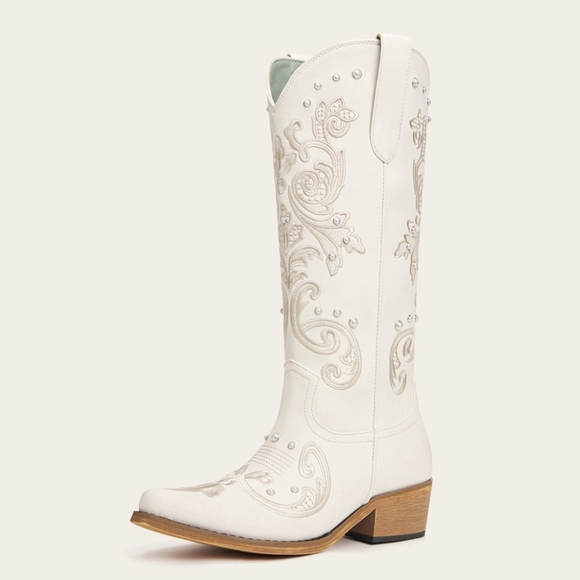 Ivory Embroidered Cowgirl Boots with Studs and Elegant Western Flair - Picture 2 of 13